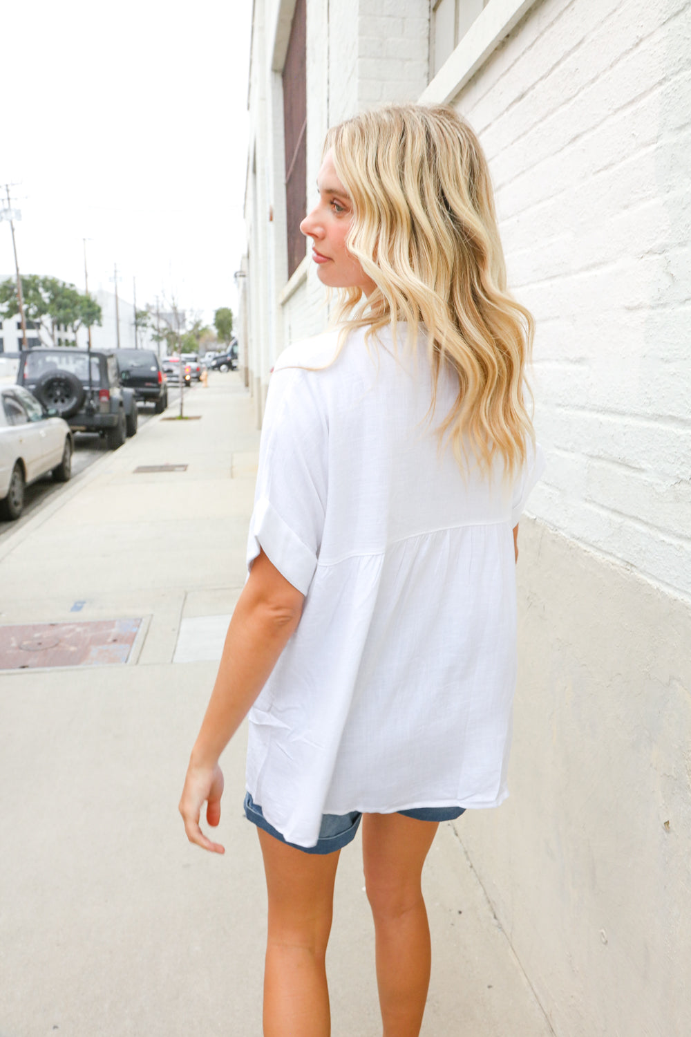 Casual Chic White Linen Notch Neck Dolman Short Sleeve Top