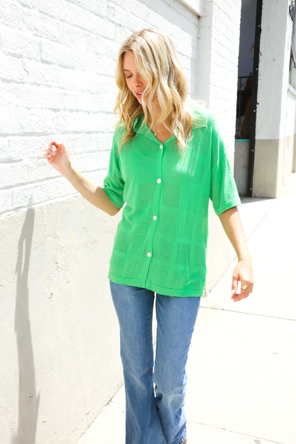Summer Vibes Green Pointelle Knit Button Down Sweater Top