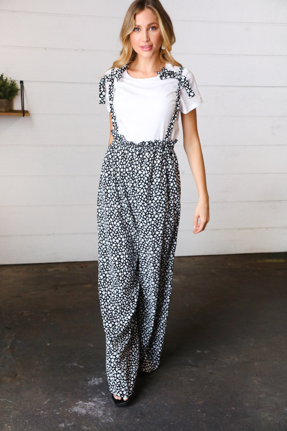 Black & White Animal Print Wide Leg Frilled Jumpsuit