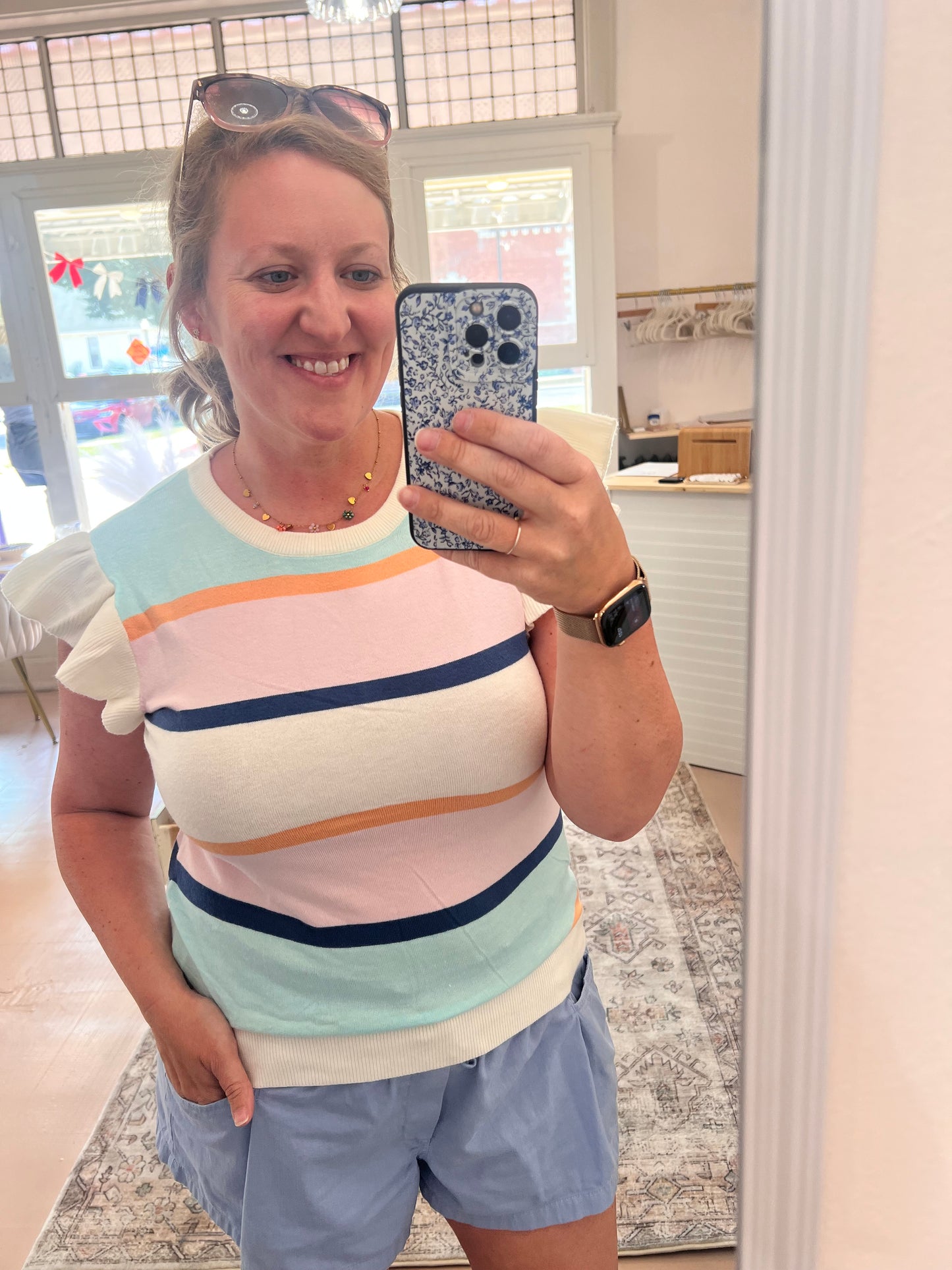 Color Block Round Neck Cap Sleeve Knit Top