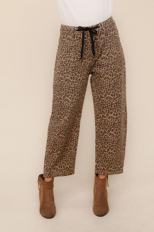 Be Bold Khaki Mid Rise Baggy Leopard Print Drawstring Patch Pocket Jeans