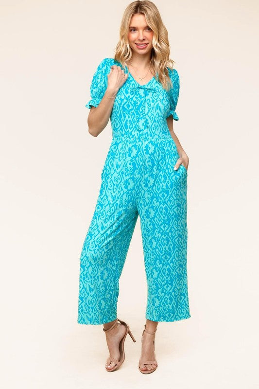 PLUS Spring Vibes Aqua Ikat Print Ruffle Sleeve Wide Leg Jumpsuit