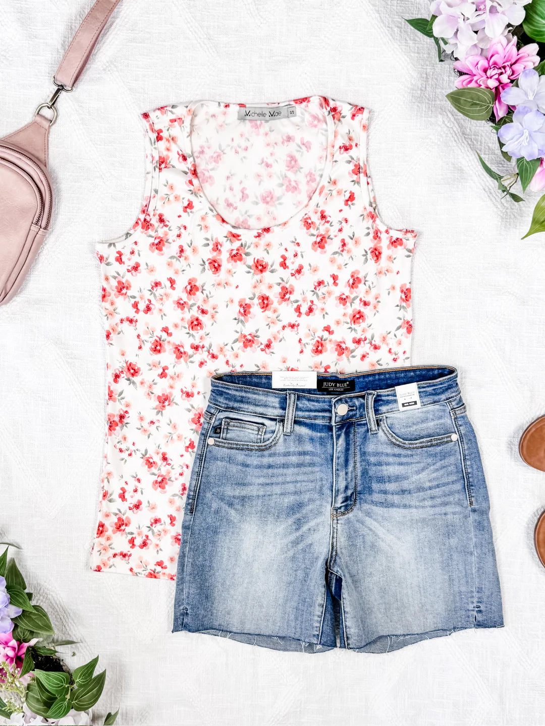 Michelle Mae Luxe Crew Tank - Ivory Pink Floral