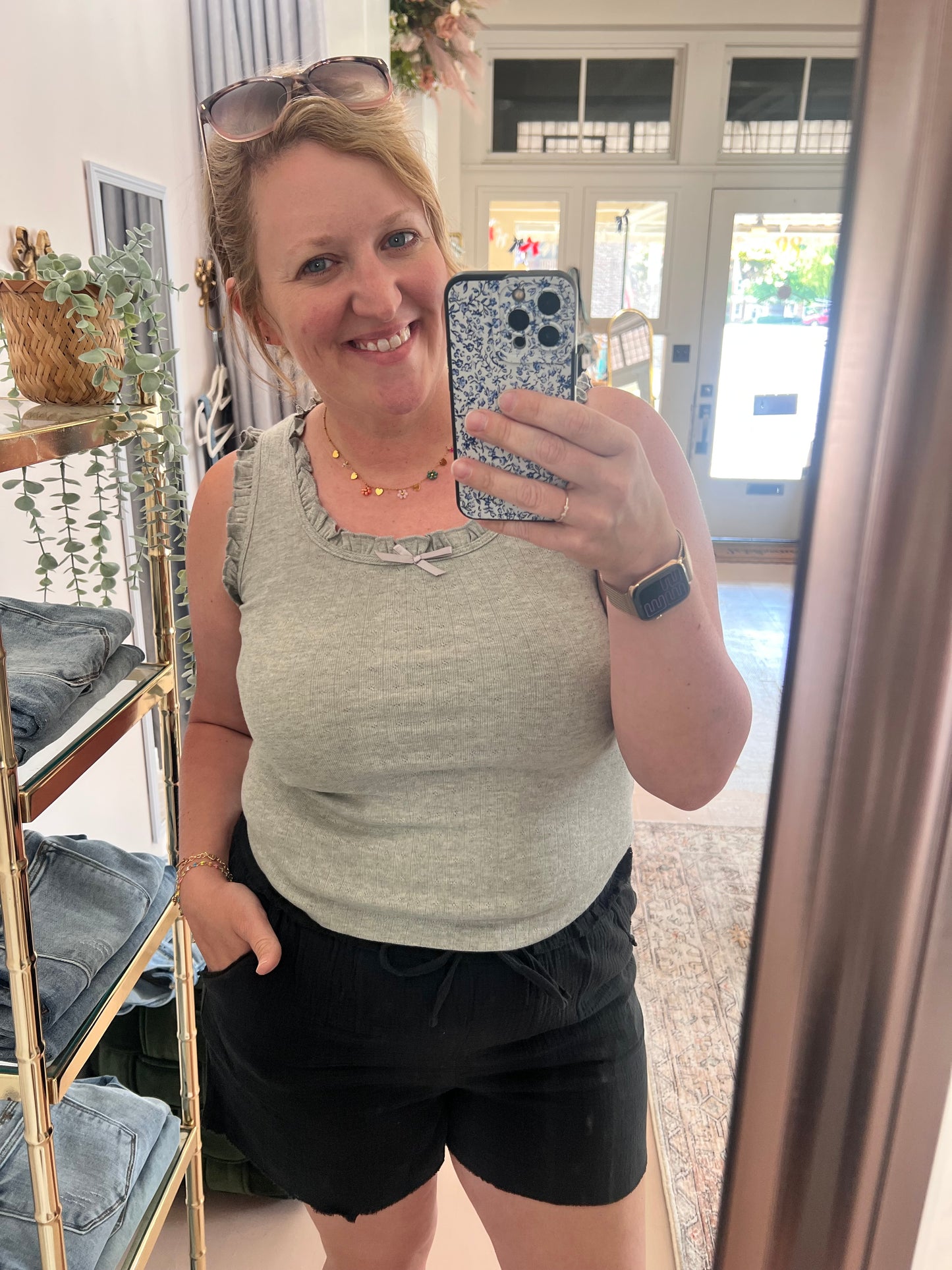 Ruffled Trim Bow Knit Tank Top