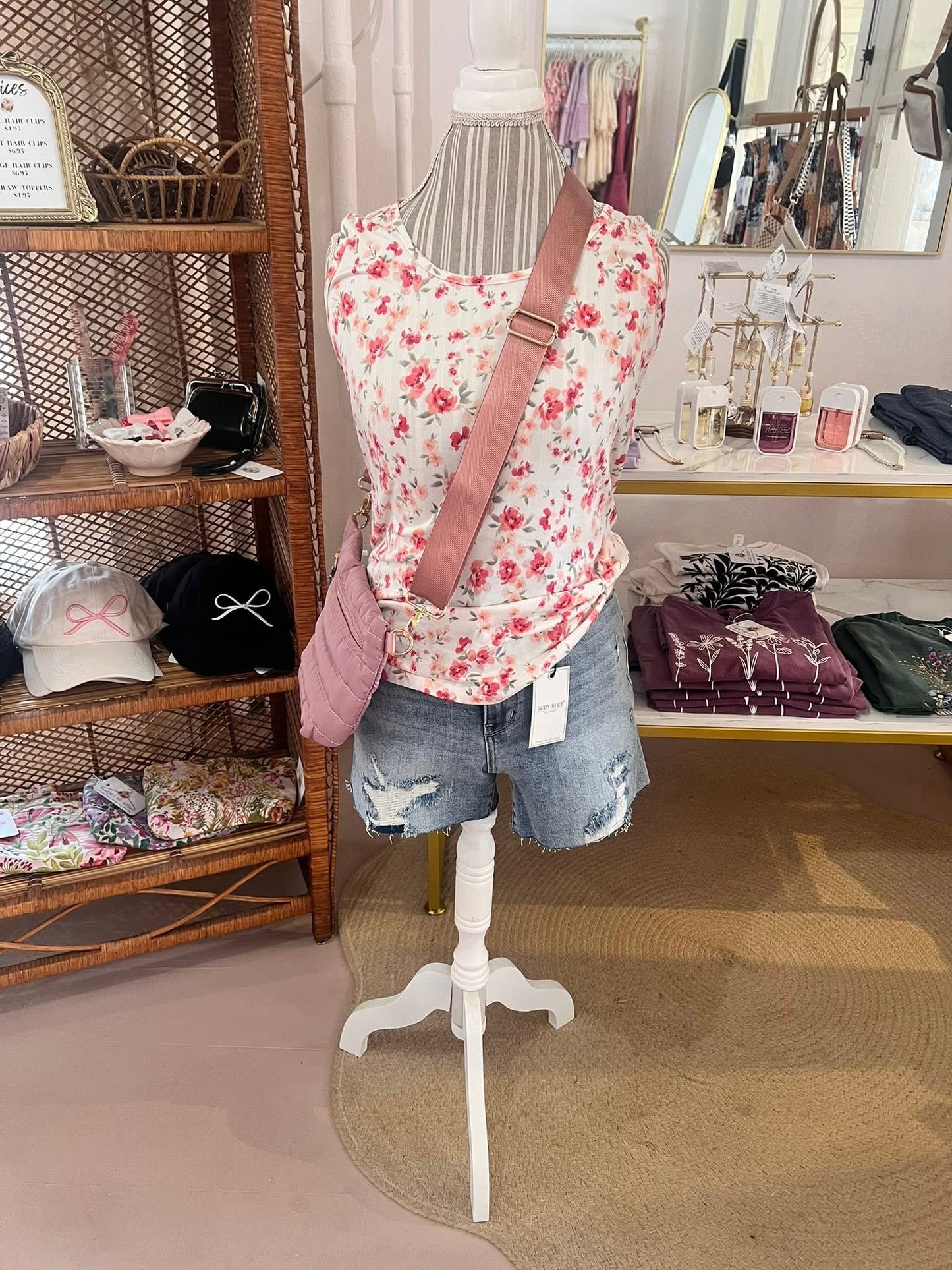 Michelle Mae Luxe Crew Tank - Ivory Pink Floral