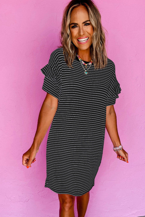Black Stripe Ruffled Short Sleeve Crew Neck T Shirt Shift Mini Dress