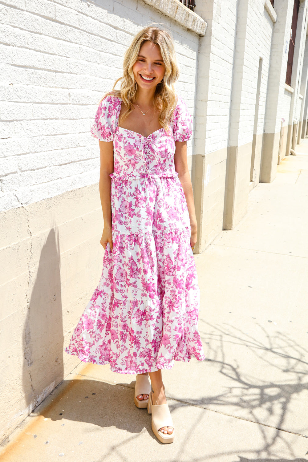 Feeling Femme Pink Sweetheart Neck Bustier Floral Tiered Dress