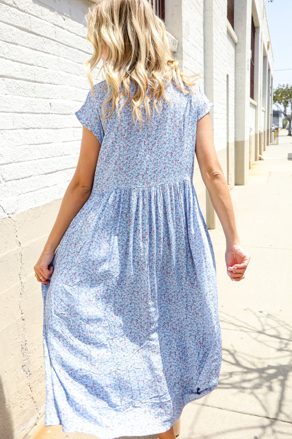 Boho Vibes Blue Ditzy Floral Button-Down Short Sleeve Dress