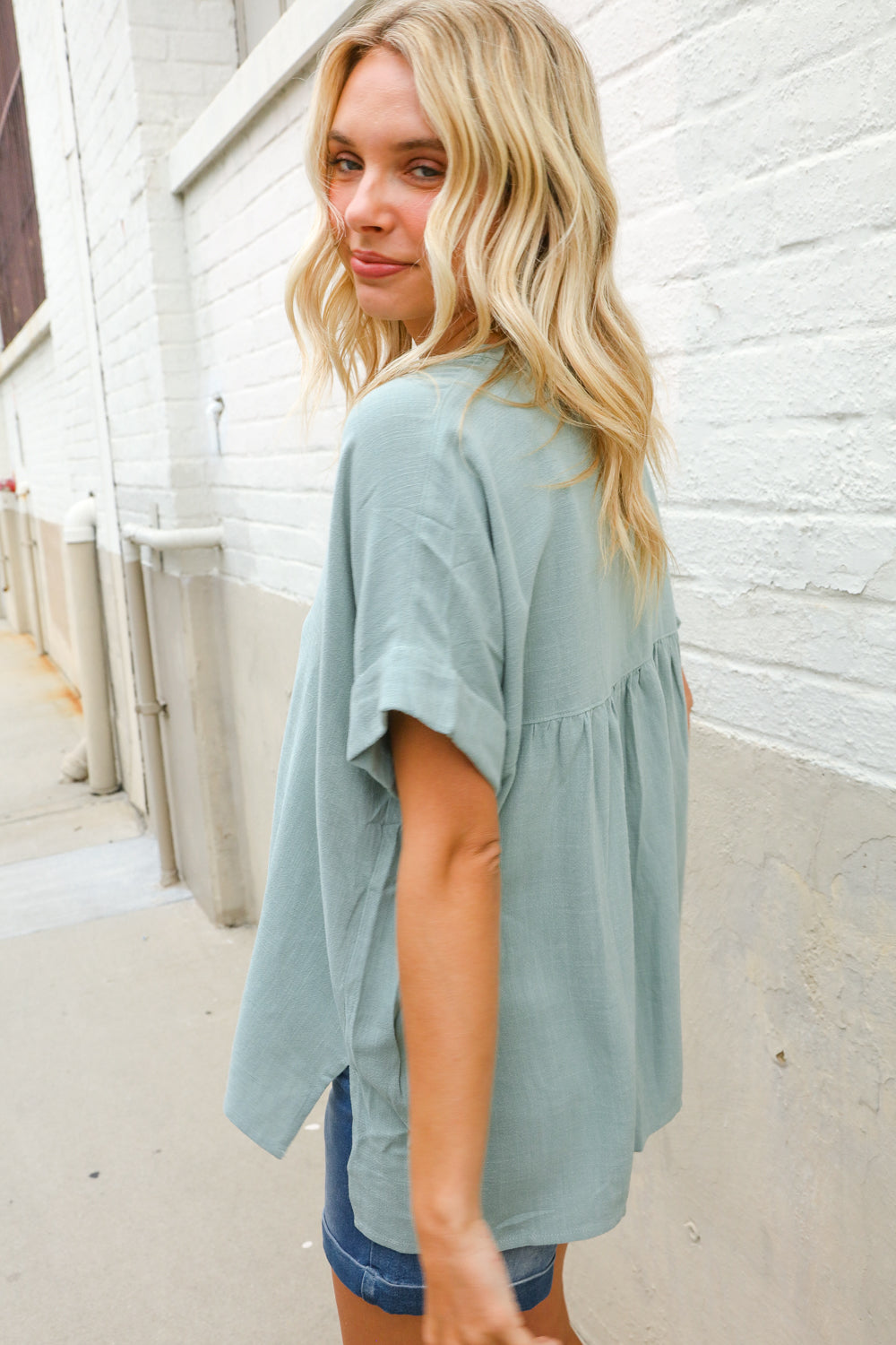 Casual Chic Sage Linen Notch Neck Dolman Short Sleeve Top