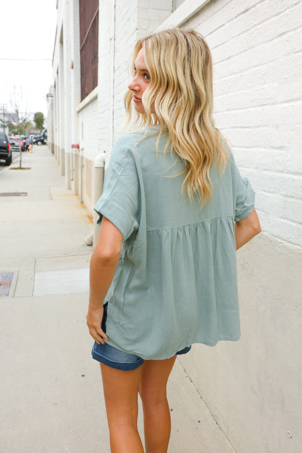 Casual Chic Sage Linen Notch Neck Dolman Short Sleeve Top