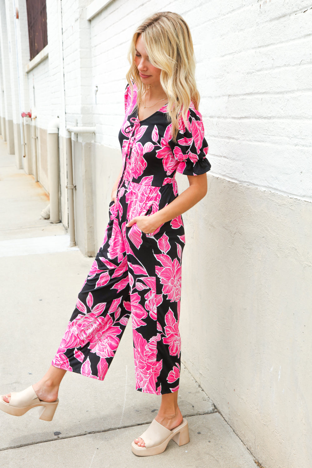 Spring Vibes Black Floral Print Ruffle Sleeve Wide Leg Jumpsuit