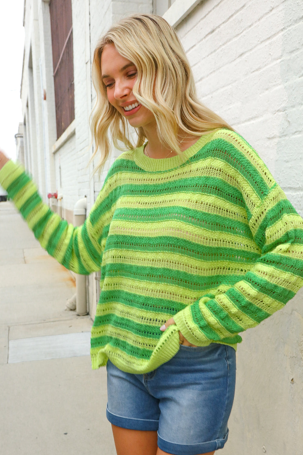Dazzle in Lime & Green Stripe Long Sleeve Loose Knit Sweater
