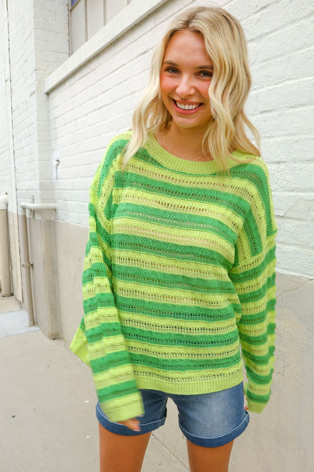 Dazzle in Lime & Green Stripe Long Sleeve Loose Knit Sweater