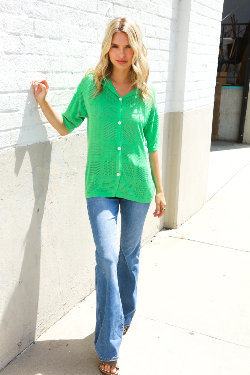 Summer Vibes Green Pointelle Knit Button Down Sweater Top