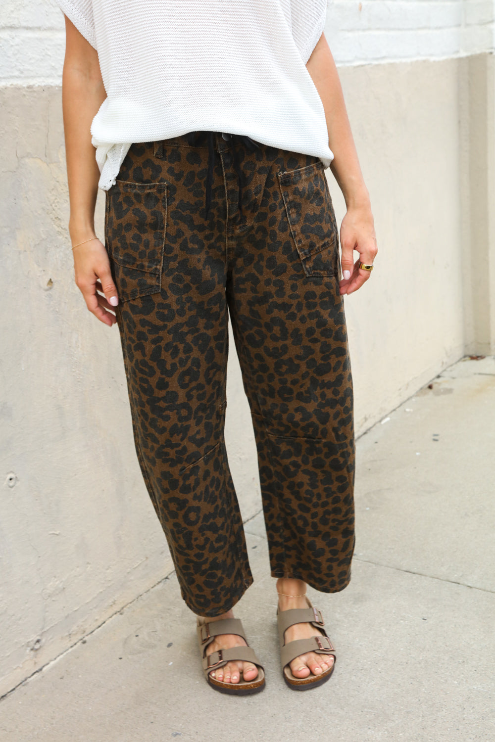 Be Bold Black Mid Rise Baggy Leopard Print Drawstring Patch Pocket Jeans