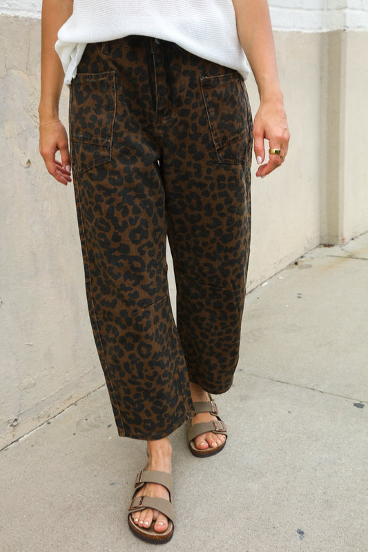 Be Bold Black Mid Rise Baggy Leopard Print Drawstring Patch Pocket Jeans