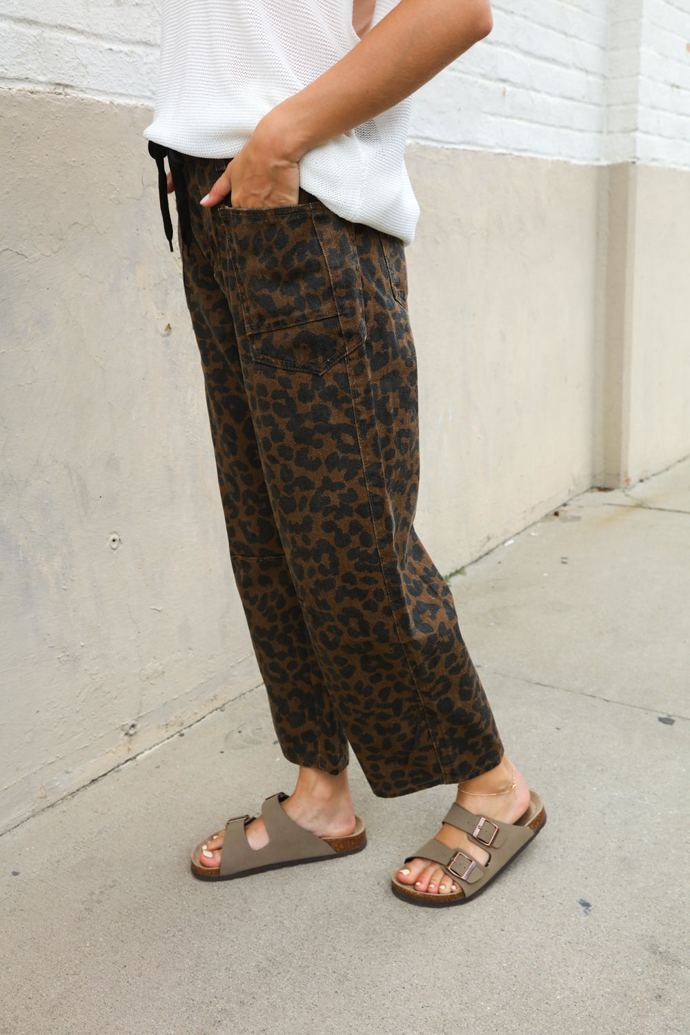 Be Bold Black Mid Rise Baggy Leopard Print Drawstring Patch Pocket Jeans