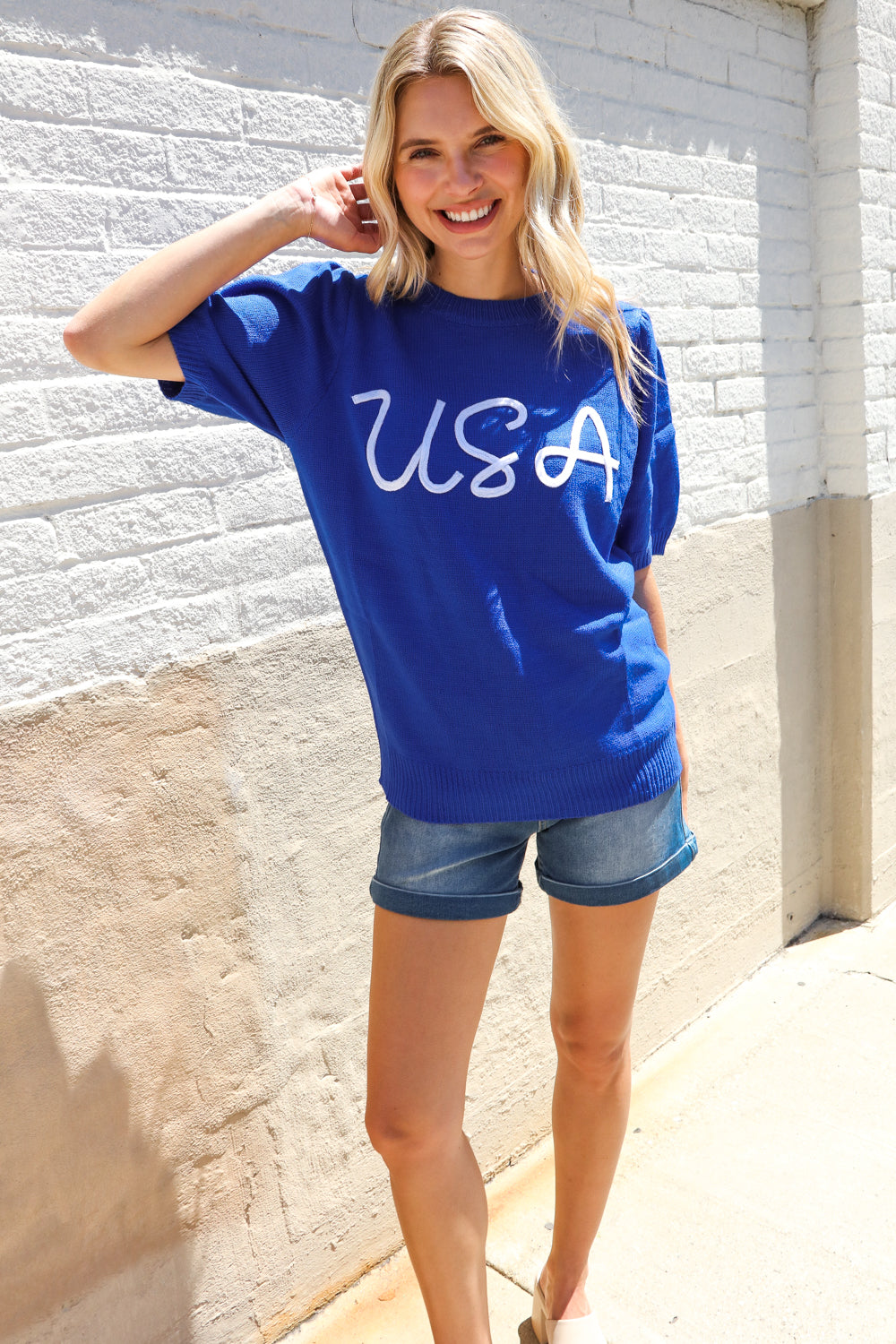 Patriotic USA Blue Knit Embroidery Puff Sleeve Sweater Top