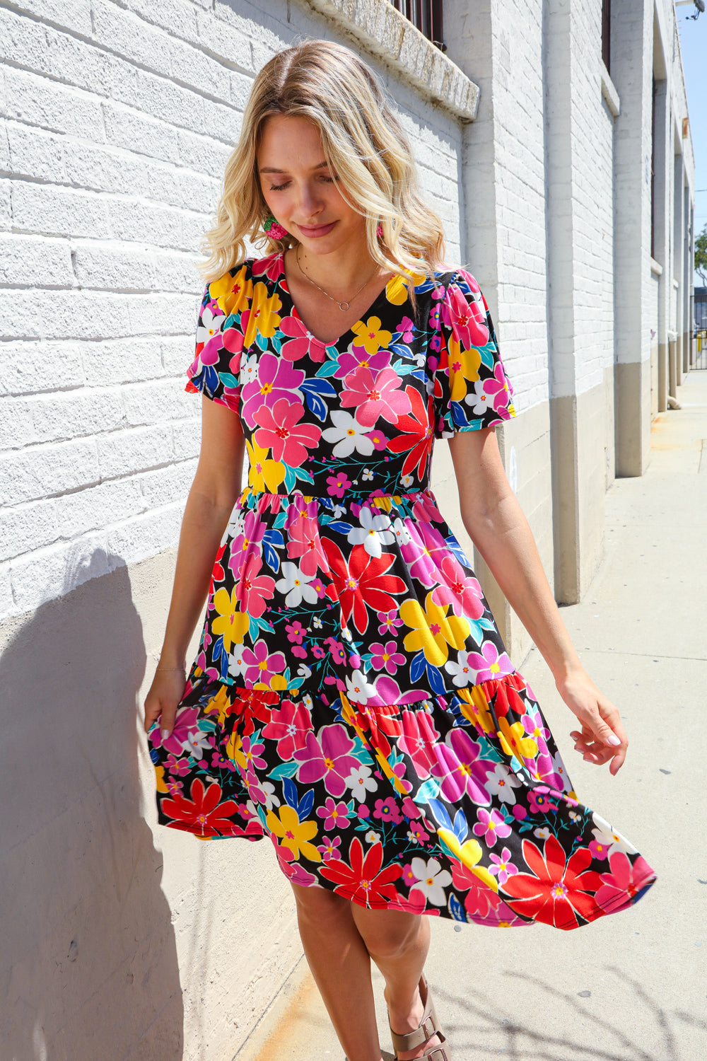 Just For You Black Floral Print V Neck Short Sleeve Babydoll Dress