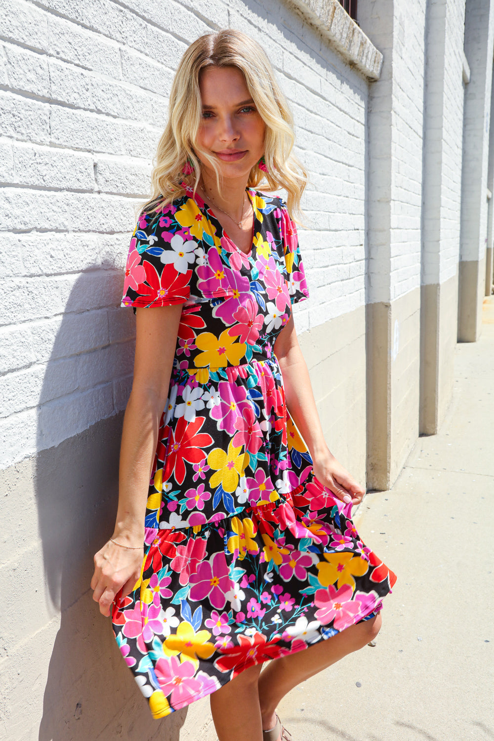 Just For You Black Floral Print V Neck Short Sleeve Babydoll Dress