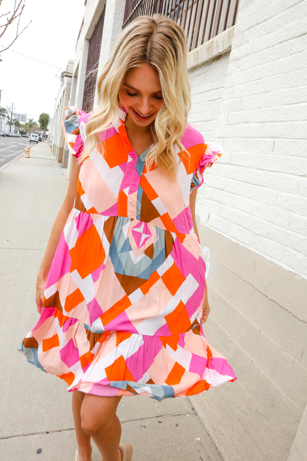 You Got This Multicolor Abstract Print Frill Notch Neck Tiered Dress