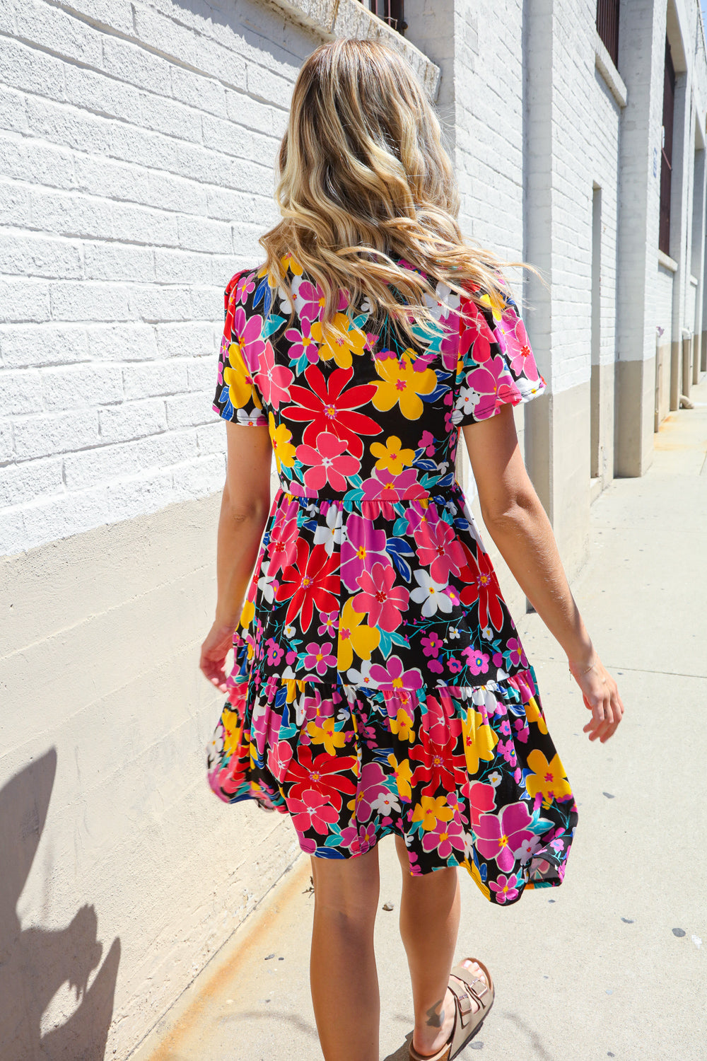 Just For You Black Floral Print V Neck Short Sleeve Babydoll Dress