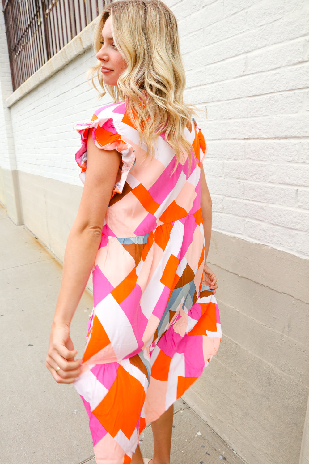 You Got This Multicolor Abstract Print Frill Notch Neck Tiered Dress