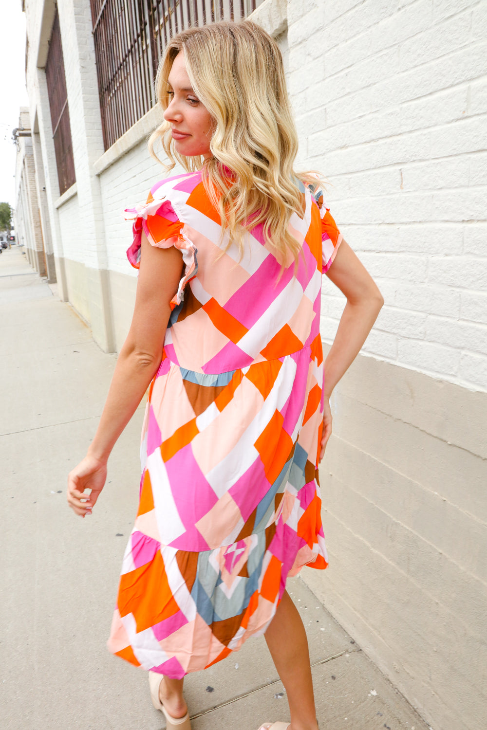 You Got This Multicolor Abstract Print Frill Notch Neck Tiered Dress
