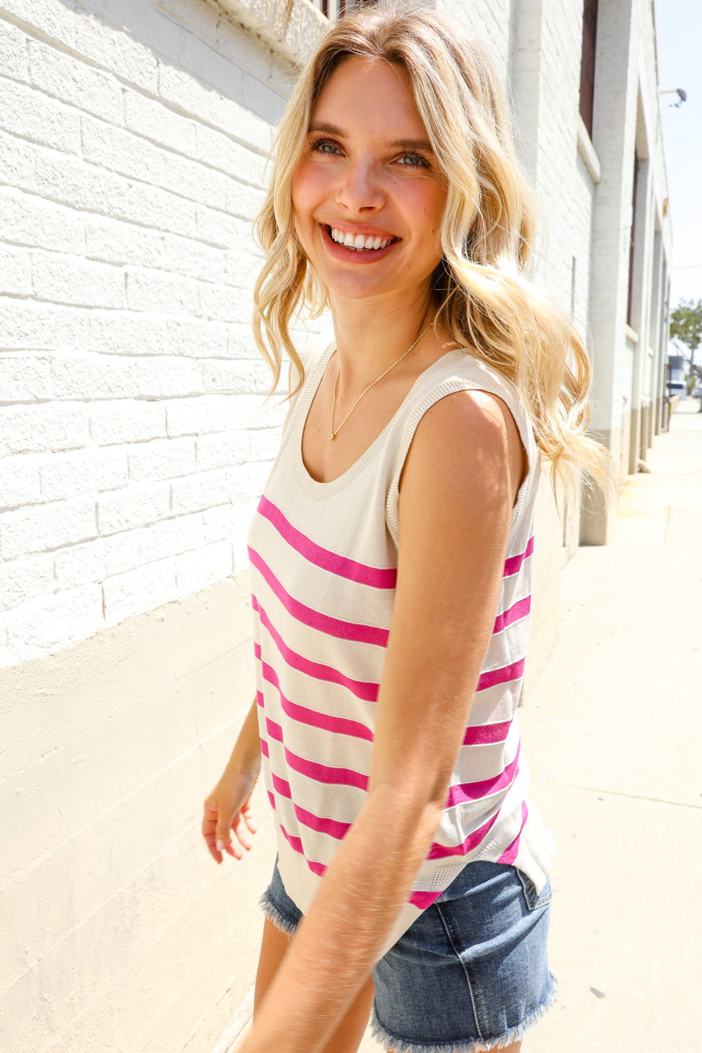 Casual Living Pink & White Stripe Sleeveless Sweater Top