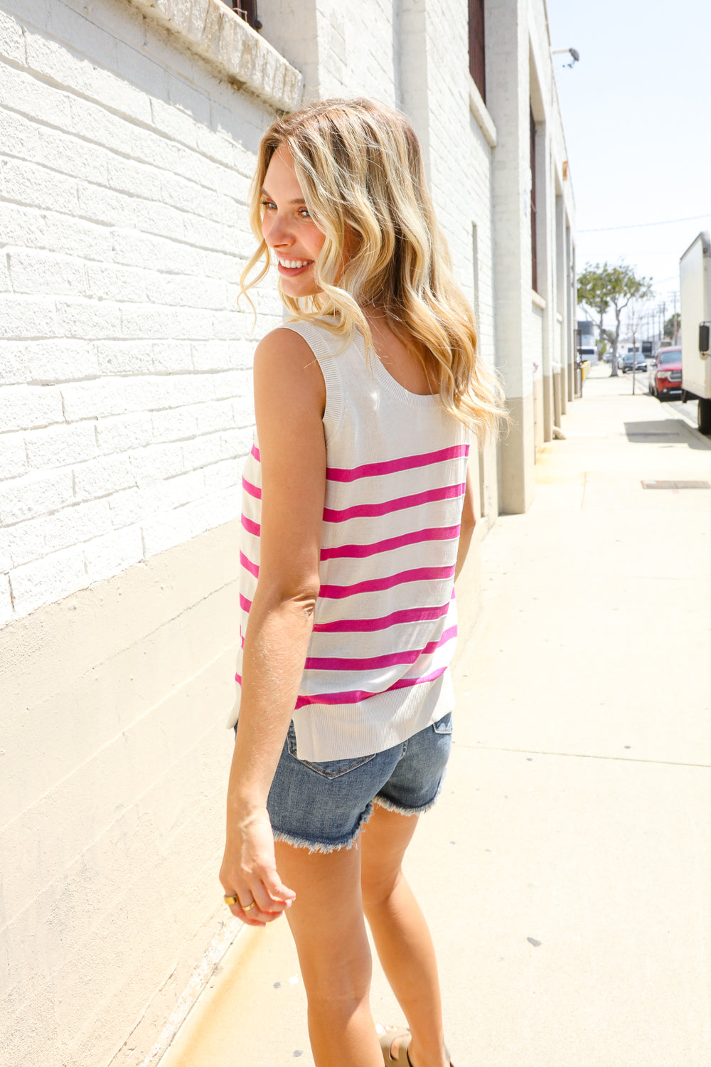 Casual Living Pink & White Stripe Sleeveless Sweater Top