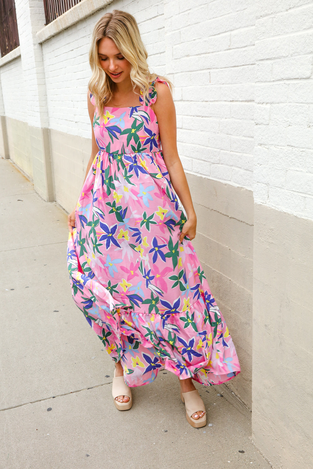 Find Love Pink Floral Back Tie Ribbon Ruffle Hem Frill Shoulder Strap Maxi