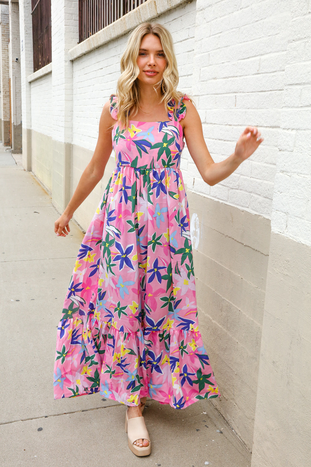 Find Love Pink Floral Back Tie Ribbon Ruffle Hem Frill Shoulder Strap Maxi