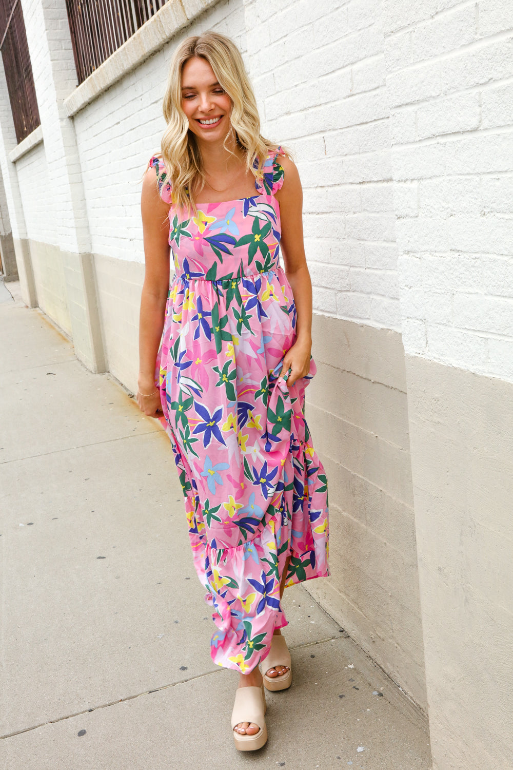 Find Love Pink Floral Back Tie Ribbon Ruffle Hem Frill Shoulder Strap Maxi