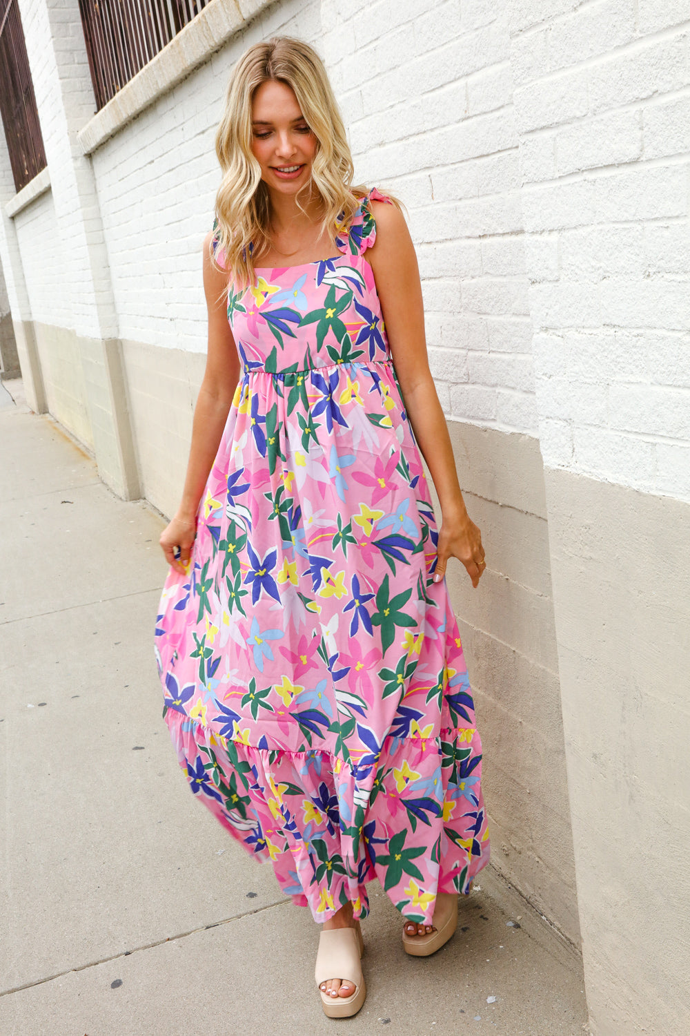 Find Love Pink Floral Back Tie Ribbon Ruffle Hem Frill Shoulder Strap Maxi