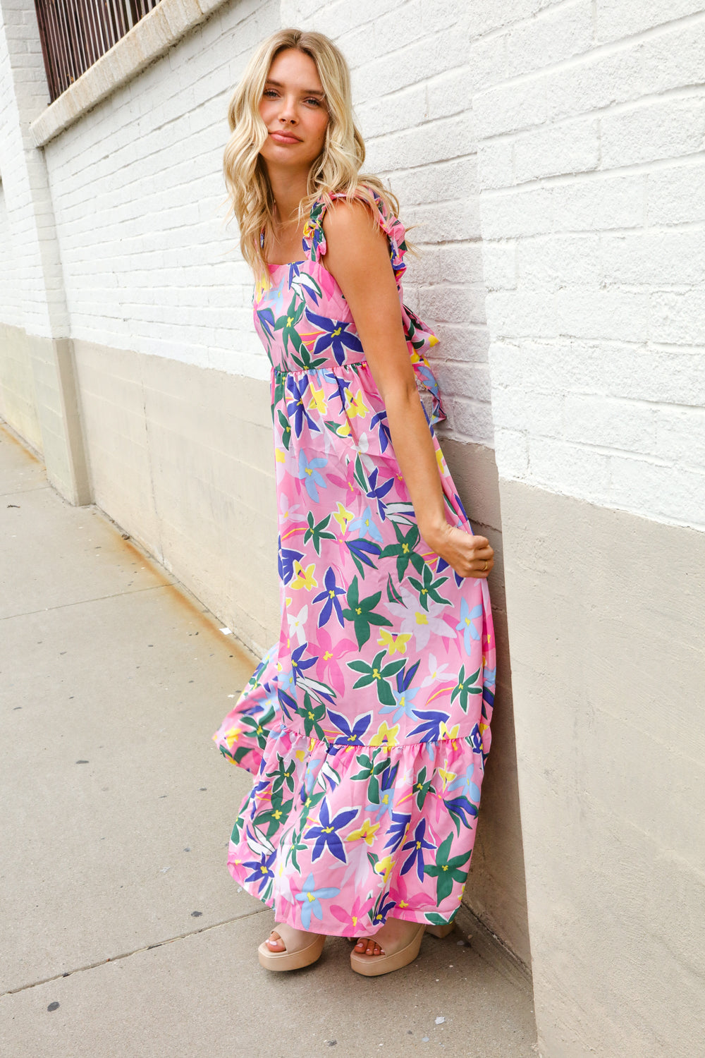 Find Love Pink Floral Back Tie Ribbon Ruffle Hem Frill Shoulder Strap Maxi