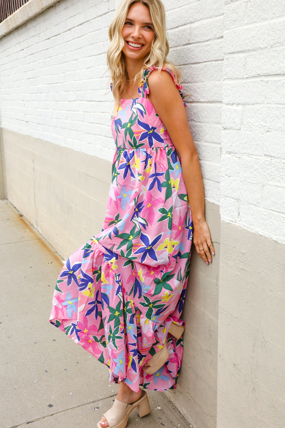 Find Love Pink Floral Back Tie Ribbon Ruffle Hem Frill Shoulder Strap Maxi