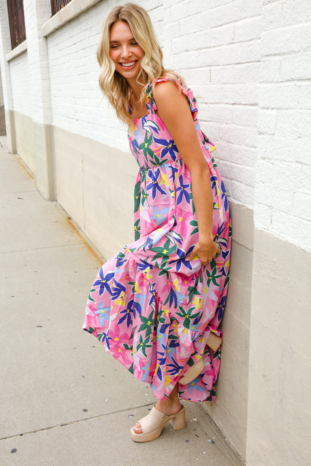 Find Love Pink Floral Back Tie Ribbon Ruffle Hem Frill Shoulder Strap Maxi