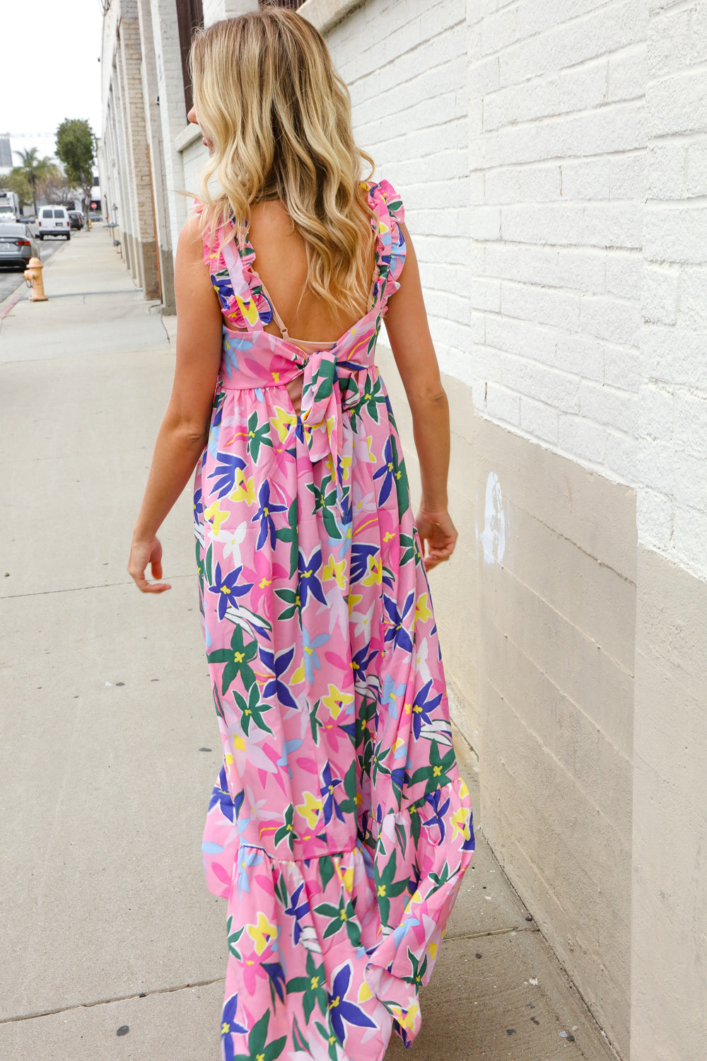 Find Love Pink Floral Back Tie Ribbon Ruffle Hem Frill Shoulder Strap Maxi