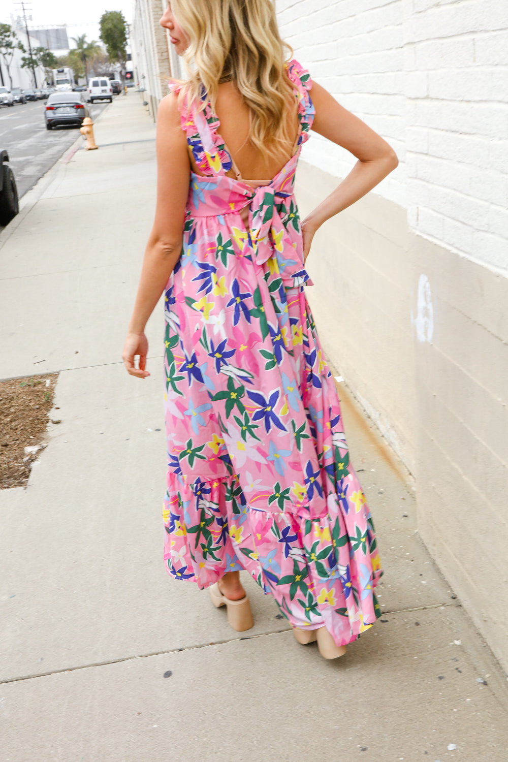 Find Love Pink Floral Back Tie Ribbon Ruffle Hem Frill Shoulder Strap Maxi
