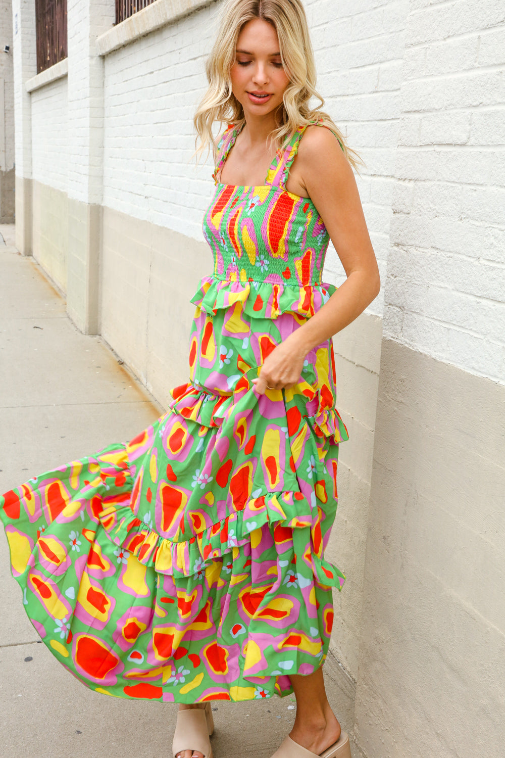 Sunny Days Abstract Print Tiered Ruffle Smocked Sleeveless Maxi