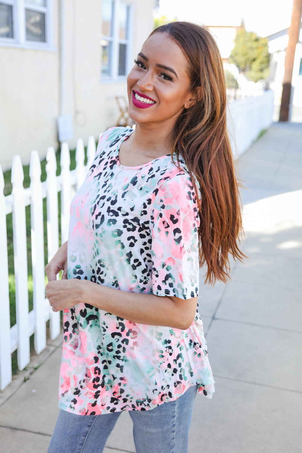 Casual Living Ivory Animal Print Short Sleeve Siky Knit Top