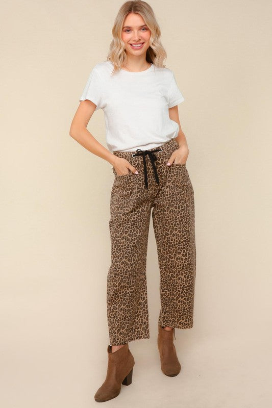 Be Bold Khaki Mid Rise Baggy Leopard Print Drawstring Patch Pocket Jeans