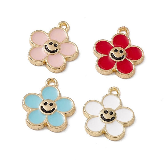 Gold Enamel Smiley Face Flower Charm