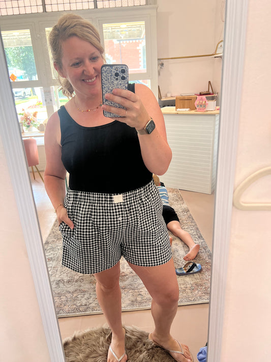 Black Gingham Printed High Waist Shorts