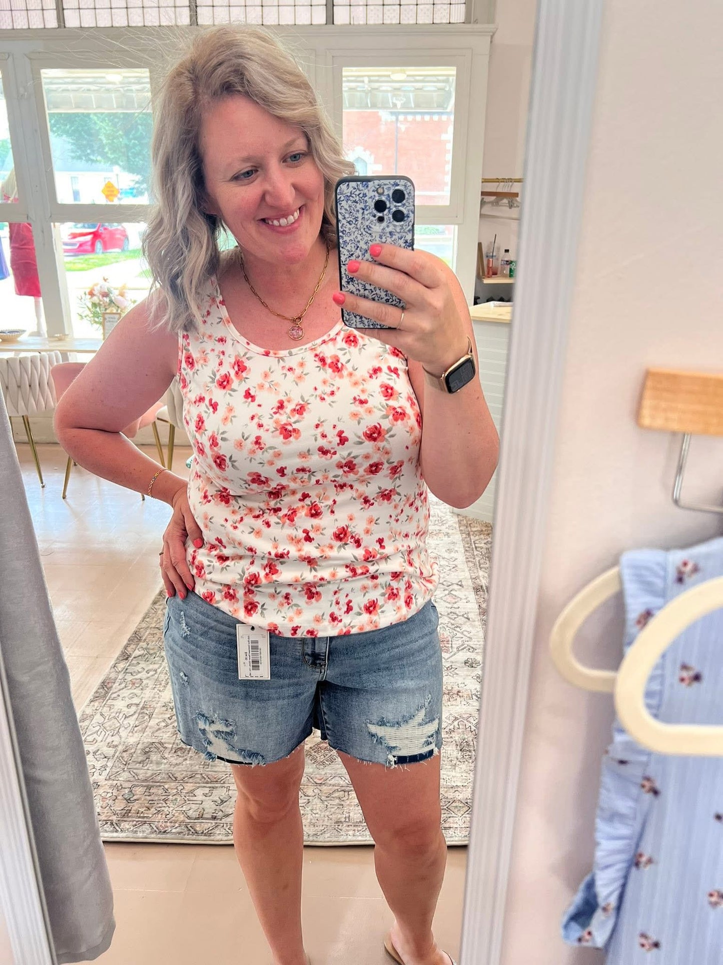 Michelle Mae Luxe Crew Tank - Ivory Pink Floral