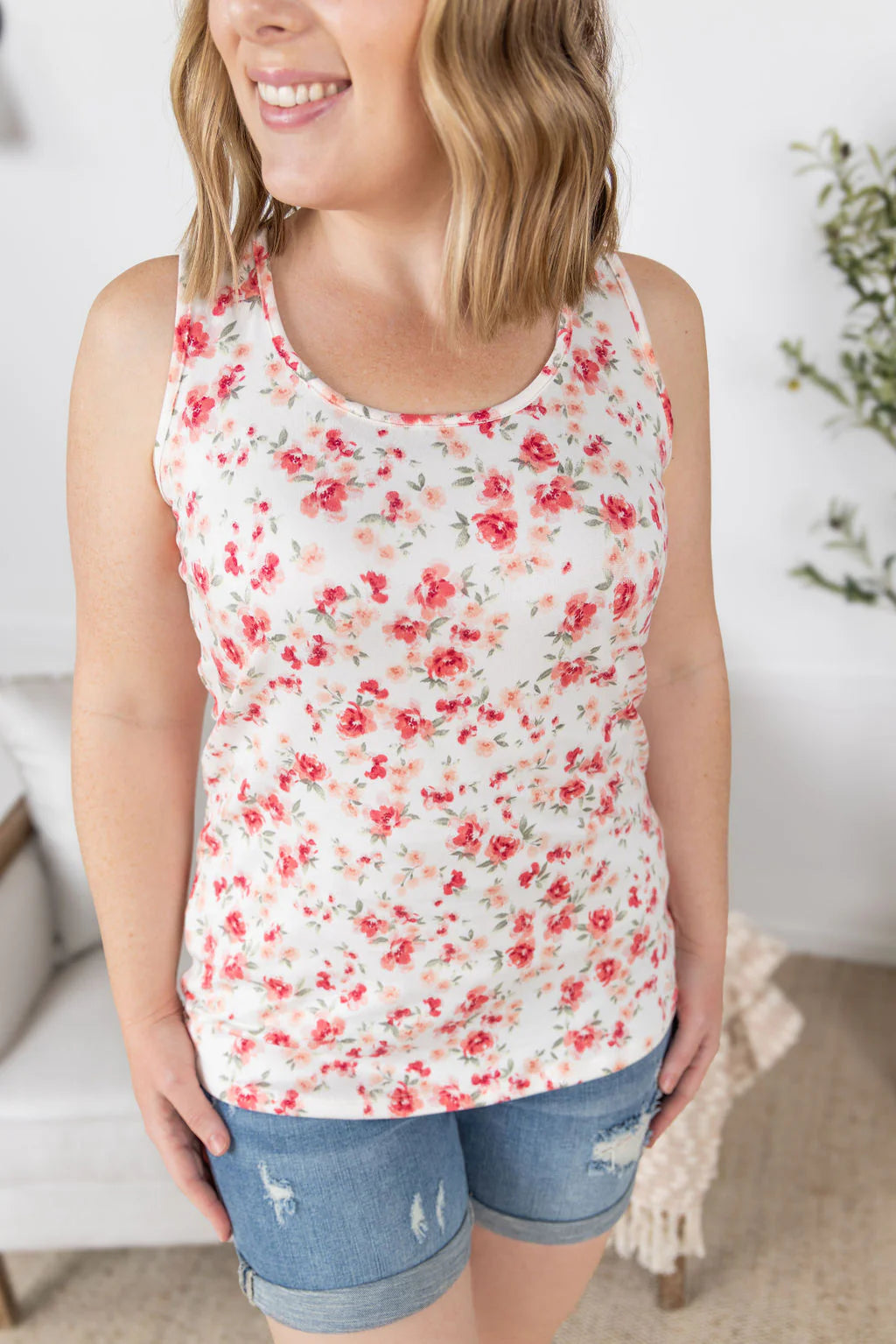 Michelle Mae Luxe Crew Tank - Ivory Pink Floral