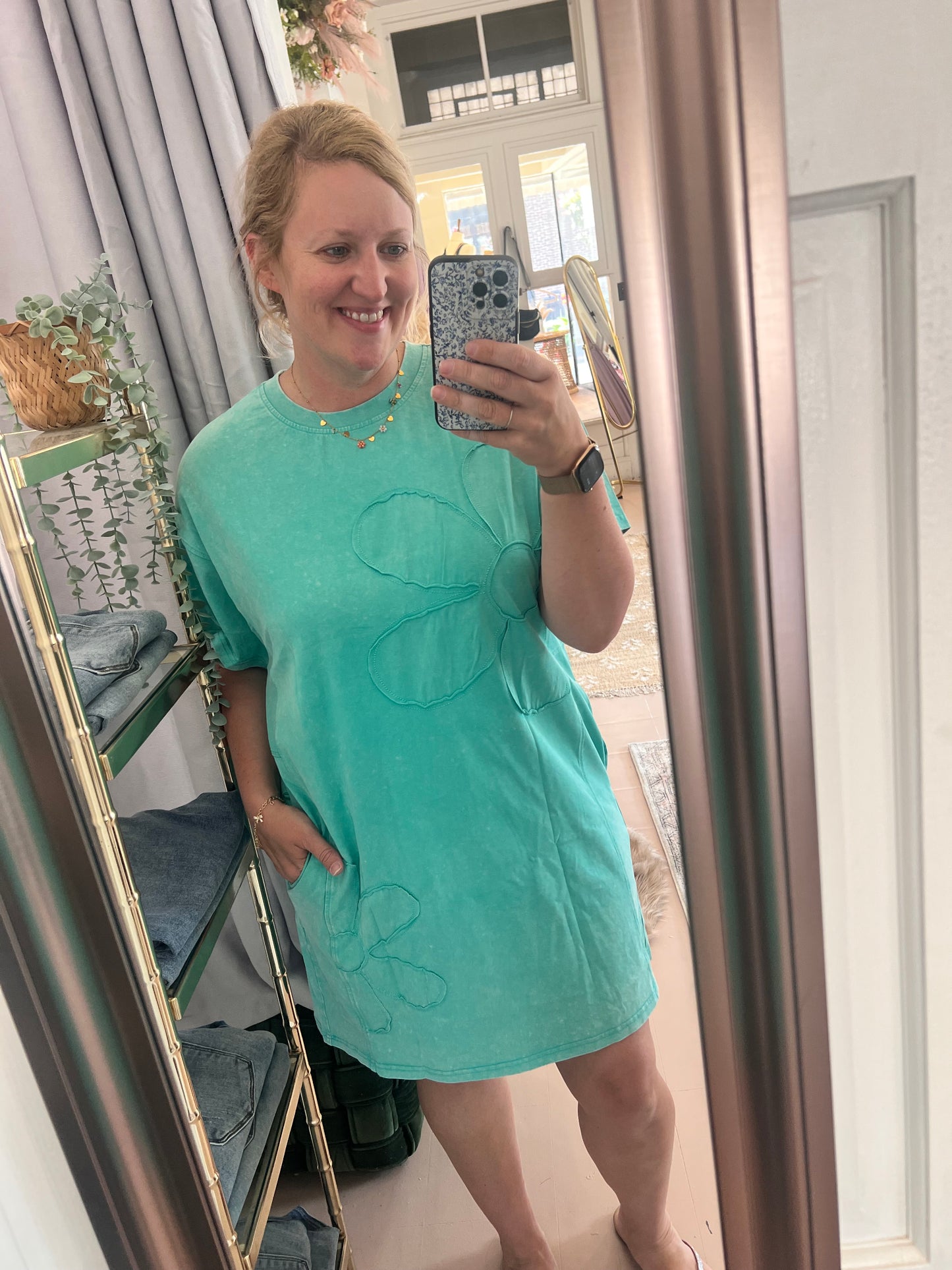 Mint Green Mineral Wash Flower Patchwork Mini T Shirt Dress