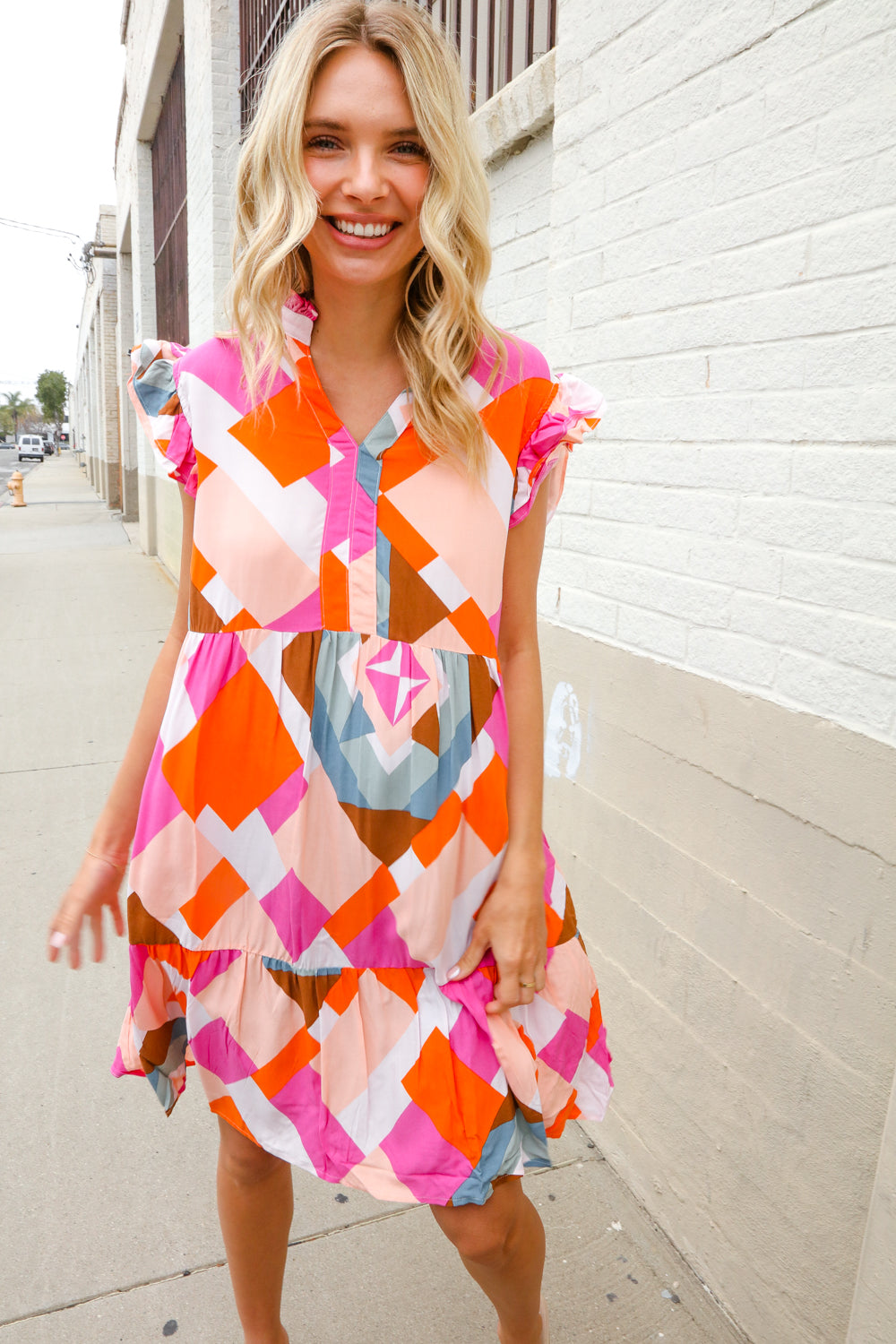 You Got This Multicolor Abstract Print Frill Notch Neck Tiered Dress