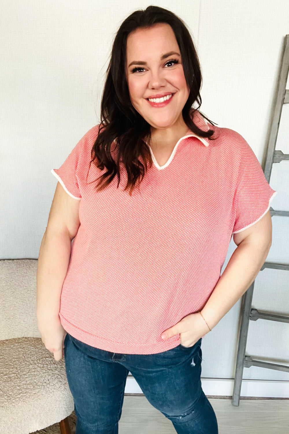 Weekend Ready Coral Collar Notch Neck Waffle Knit Top