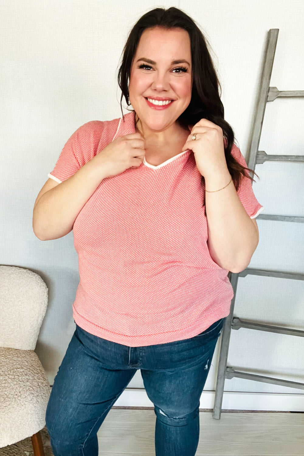 Weekend Ready Coral Collar Notch Neck Waffle Knit Top